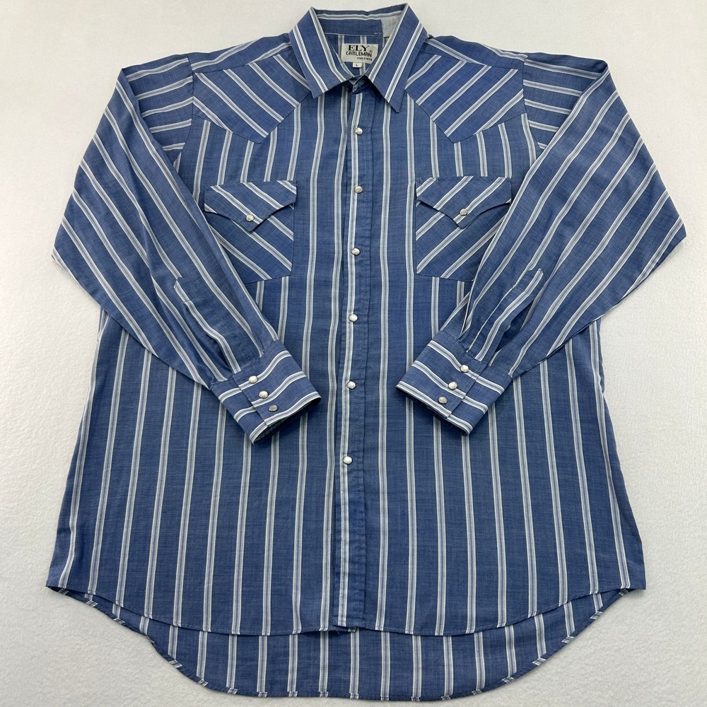 Ely Cattleman Mens Blue Striped Western Pearl Snap Shirt L Long Sleeve Vintage